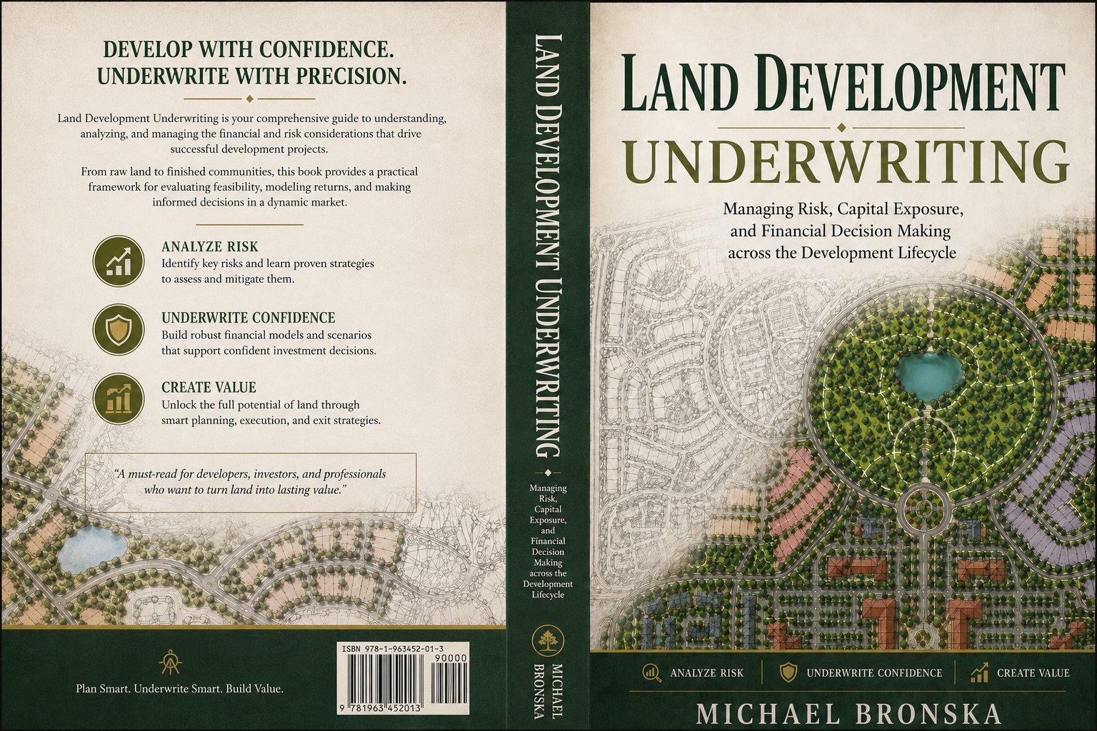 Land Development Underwriting book cover — aerial master plan imagery with dark green and gold treatment
